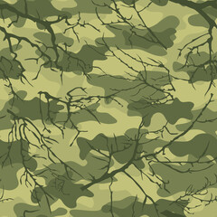 Camouflage with tree branches. Vector print. Hunting and fishing. Leisure.