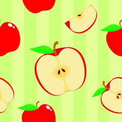 Seamless pattern with fruit. Cute illustration of fresh red apple on green stripes background. Simple design for print screen backdrop, fabric and tile wallpaper.
