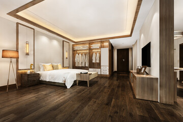3d rendering luxury modern bedroom suite in hotel with wardrobe and walk in closet