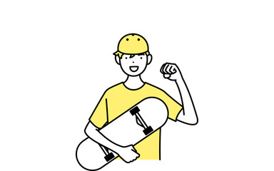 スケボーを抱いてガッツポーズをとる笑顔の男の子のスケーターの線画