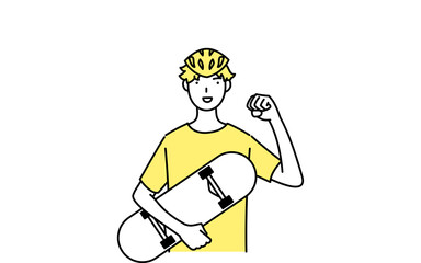 スケボーを抱いてガッツポーズをとる笑顔の男性スケーターの線画