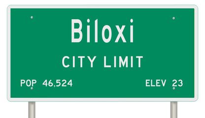 Rendering of a green Mississippi highway sign with city information