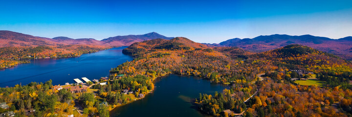 Aerial view of Lake Placid Mountains with Autumn Fall Colors in Adirondacks, New York, USA