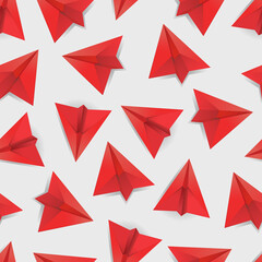 Red paper planes on a white flat background. Concept for business.  Chaos and disorder. Seamless illustration.