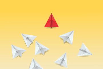 White and red paper planes on a yellow flat background. Concept for business. Problem solution. Leadership. Way out of chaos. Illustration