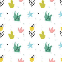 Cute vector seamless pattern with plants and stars. Hand drawn background with doodle drawings. Wrapping paper print design.