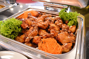 buffet party catering with lo hei yu sheng, asian and western cuisine, canapé and butler, dessert and drink halal menu for Chinese new year decoration celebrate fine dining at luxury hotel restaurant