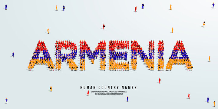 A large group of people stands, making up the word Armenia. Armenian flag made from people. Vector illustration isolated on white background.