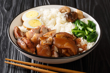 Pork knuckle rice Braised Pork Leg or Khao Kha Moo closeup in the bowl on the table. horizontal