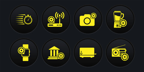 Set Smartwatch setting, Blender with bowl, Bank building, Toaster, Photo camera and Router and wi-fi icon. Vector