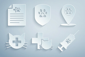 Set Veterinary clinic, Location veterinary, , Syringe with pet vaccine, Animal health insurance and Medical certificate for dog or icon. Vector