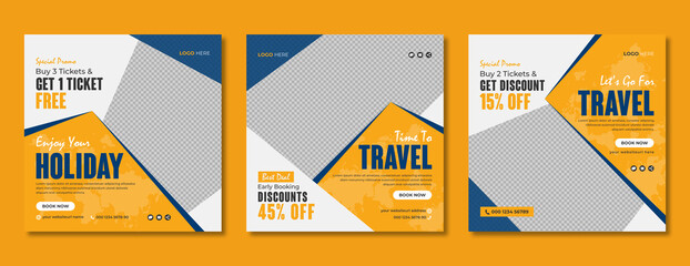 Tour and travel business marketing social media post template design. Travelling sale online promotion web banner or flyer with abstract graphic background and logo. Summer beach holiday poster    