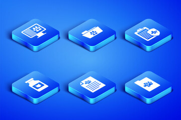 Set Clinical record pet, on monitor, Medical certificate for dog cat, Cat medicine bottle, veterinary folder and icon. Vector