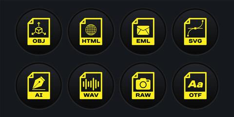 Set AI file document, SVG, WAV, RAW, EML and HTML icon. Vector