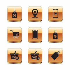 Set Discount percent tag, Remove shopping basket, Refresh, Smartphone, mobile phone, Add to Shopping cart, Mobile and, Label template price and Location icon. Vector