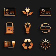 Set Solar energy panel, Recycle symbol, Chain link line, and light bulb, Hydrogen filling station, Address book and Identification badge icon. Vector