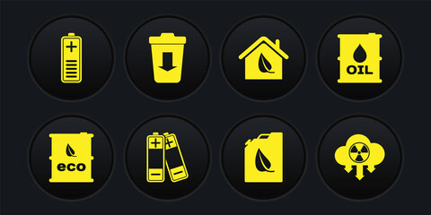 Set Bio fuel barrel, Oil, Battery, canister, Eco friendly house, Send to the trash, Acid rain and radioactive cloud and charge level indicator icon. Vector