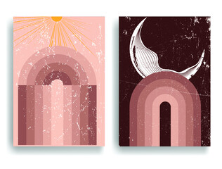 Modern poster with minimalist design elements . Retro lines and grunge textured circles in Boho style  . Wall art , home deco . Vector abstract shape.