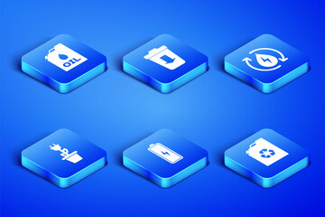 Set Eco fuel canister, Canister machine oil, Battery, Electric saving plug pot, Send to the trash and Recycle clean aqua icon. Vector