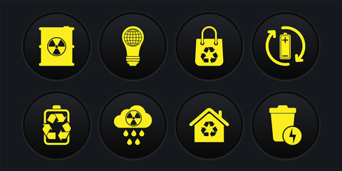 Set Battery with recycle, Acid rain and radioactive cloud, Eco House recycling, Shopping bag, Light bulb world globe, Lightning trash can and Radioactive waste barrel icon. Vector