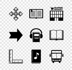 Set Pixel arrows in four directions, Open book, Supermarket building, Folding ruler, Audio, Bus, Arrow and icon. Vector