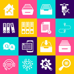 Set Microorganisms under magnifier, Drawer with documents, Route location, Office folders, House service and File icon. Vector