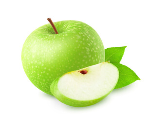 Whole green apple fruit and a piece with leaves isolated on white background.