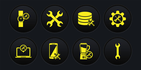 Set Laptop service, Wrench and screwdriver in gear, Smartphone, Blender, Database server, Crossed wrenchs, and Wrist watch icon. Vector