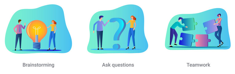 A set of vector illustrations on a business topic.Brainstorming,searching for answers,teamwork.Abstract vector illustrations.