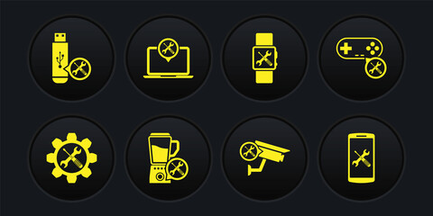 Set Wrench and screwdriver in gear, Gamepad service, Blender, Security camera, Smartwatch, Laptop, Smartphone and USB flash icon. Vector