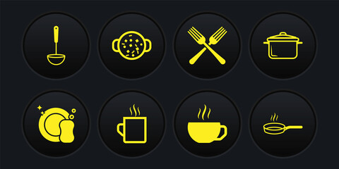 Set Washing dishes, Cooking pot, Coffee cup, Crossed fork, soup, Frying pan and Kitchen ladle icon. Vector