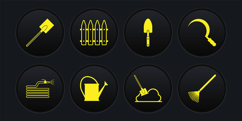 Set Garden hose or fire hose, Sickle, Watering can, Shovel the ground, trowel spade shovel, fence, rake for leaves and icon. Vector