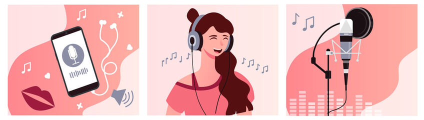 Set of podcast recording process. Young beautiful female characteris recording a podcast in headphones. Smartphone with podcast application. Flat cartoon vector illustration