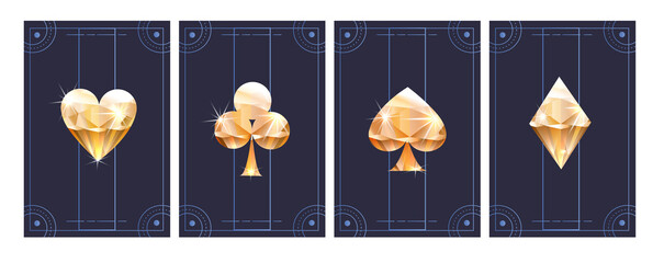Set of poker cards in metallic black and gold texture shining colors. Concept of poker cards template for ad banner or other creative use. Flat cartoon vecor illustration