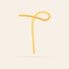 T letter spaghetti design. Vector hand draw realistic food font. Isolated Italian pasta for tasty poster, restaurant identity, gourmet element and more