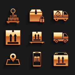 Set Cardboard boxes on pallet, Mobile with app tracking, traffic, Delivery cargo truck vehicle, Placeholder map, and stopwatch and Scale cardboard icon. Vector