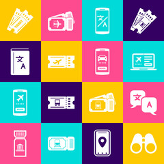 Set Binoculars, Translator, Laptop with ticket, Online translator, Airline, book, Ticket and car sharing icon. Vector