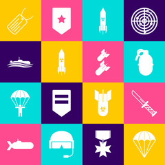 Set Parachute, Military knife, Hand grenade, Biohazard rocket, Nuclear, Submarine, dog tag and Aviation bomb icon. Vector