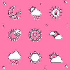 Set Moon icon, Cloud with rain and sun, Sunset, Eclipse of the, cloud weather, and icon. Vector