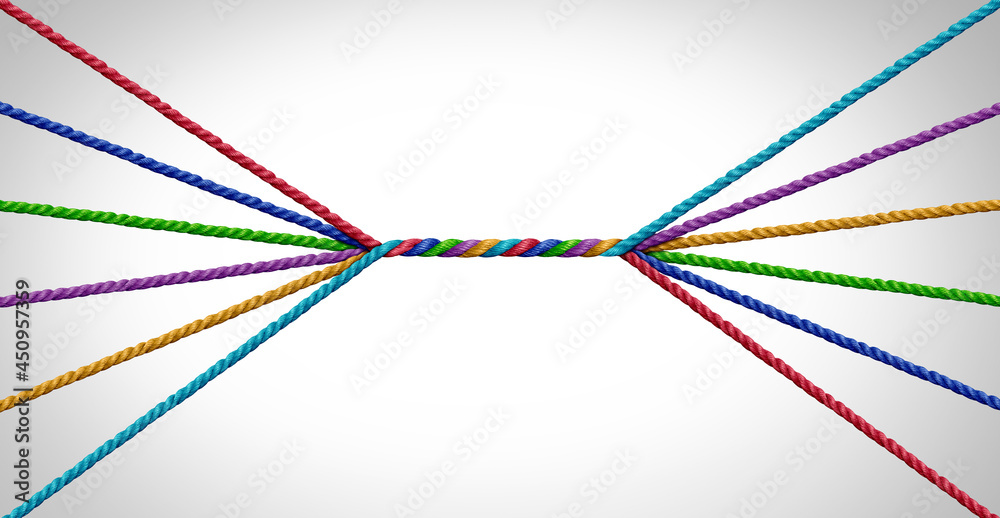 Leinwandbilder Connecting together and unity teamwork concept as a business metaphor for joining a partnership of diversity as diverse ropes connected together for a corporate symbol for cooperation
