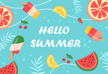 Colorful summer background layout design on light blue background. Cute template for horizontal poster, greeting card, header for any creative use. Flat cartoon vector illustration