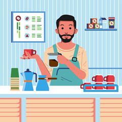 man character as a barista holding cup and a pot of coffee in the coffee shop counter desk