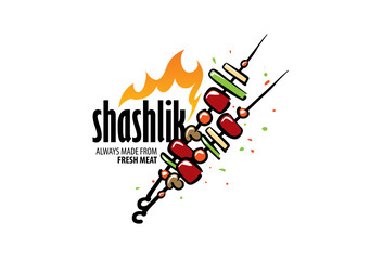 Obraz premium Vector logo with a drawn barbecue on a skewer