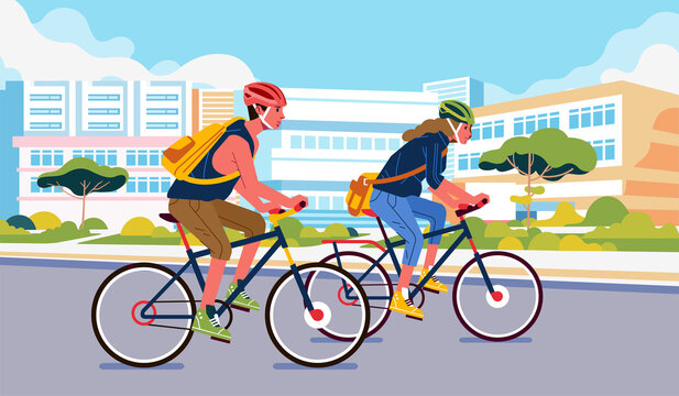young man and women cycling around the city, wearing safety helmet and bringing bag. building and city illustration in the background