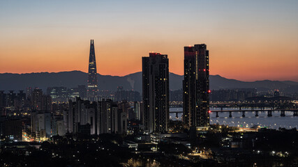city skyline at sunset