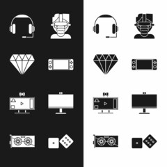 Set Portable video game console, Diamond, Headphones, Virtual reality glasses, Live streaming online, Computer monitor, Game dice and Video graphic card icon. Vector