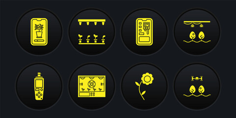 Set Portable sensor, Smart farm with bulb and plant, farming technology, Flower, control system, Automatic irrigation sprinklers, drone and icon. Vector