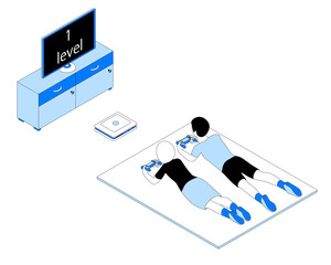 Children are playing the console in isometric view. A boy and a girl are playing a video game lying down.