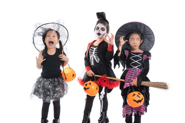 Portrait group of little girls in Halloween and carnival costume isolated on white background