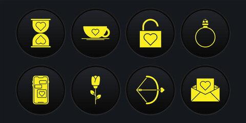 Set Mobile with heart, Diamond engagement ring, Flower rose, Bow and arrow, Lock, Coffee cup, Envelope Valentine and Heart the center hourglass icon. Vector